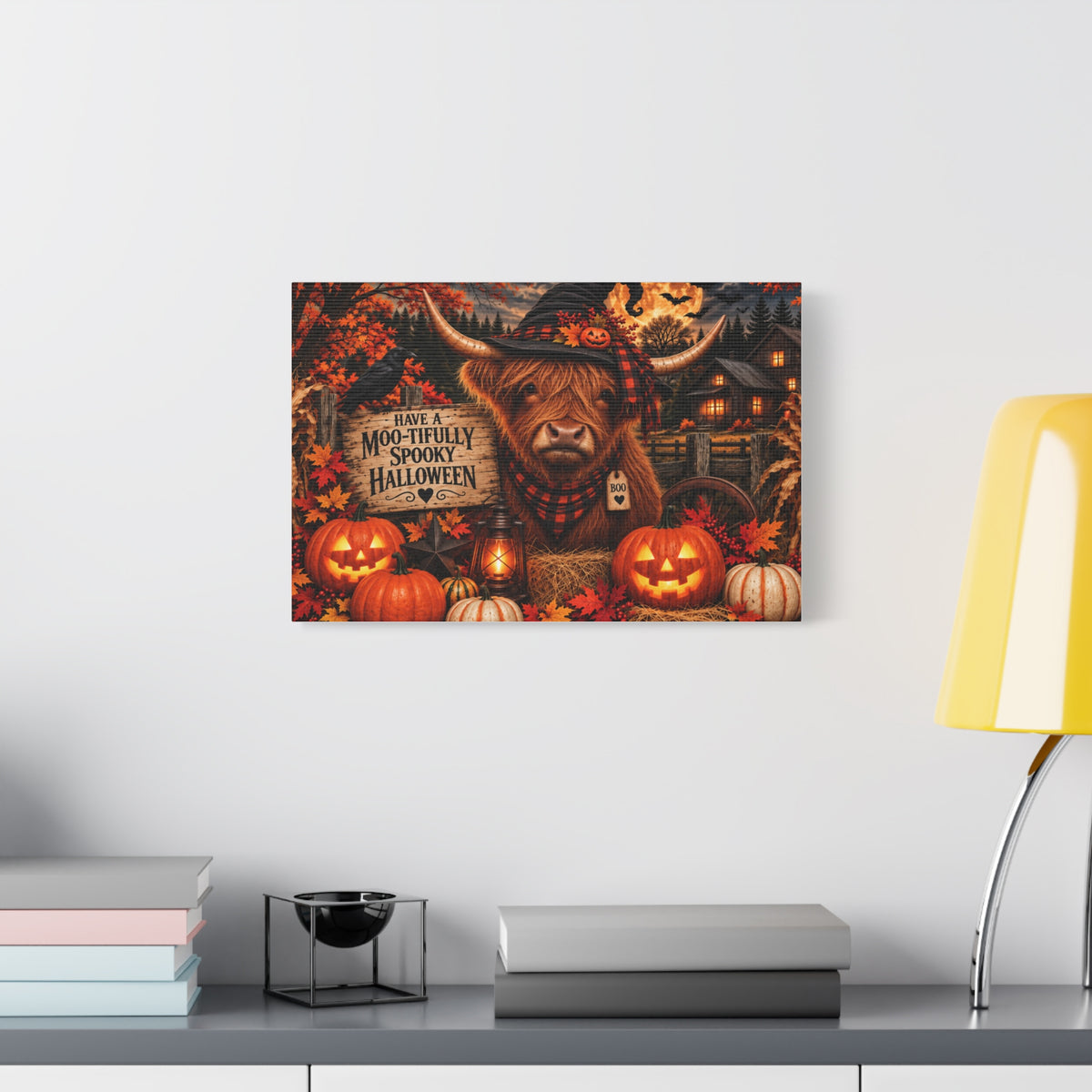 Halloween Highland Cow Canvas – "Have a Moo-tifully Spooky Halloween" Matte Stretched Wall Art