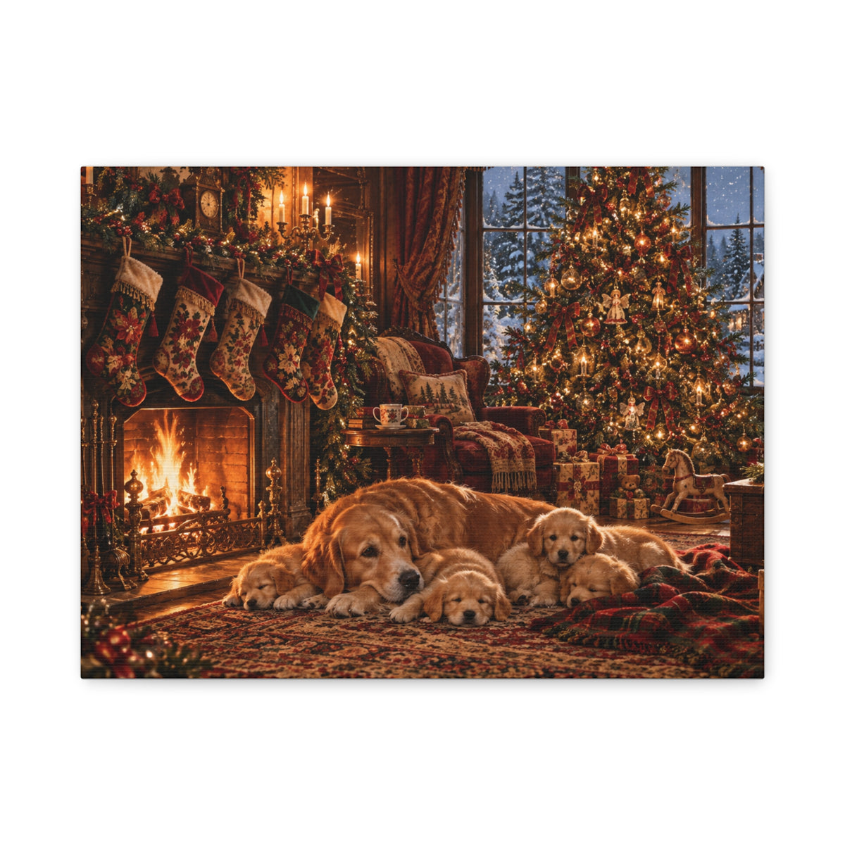 Cozy Christmas Dogs by the Fireplace Canvas Wall Art