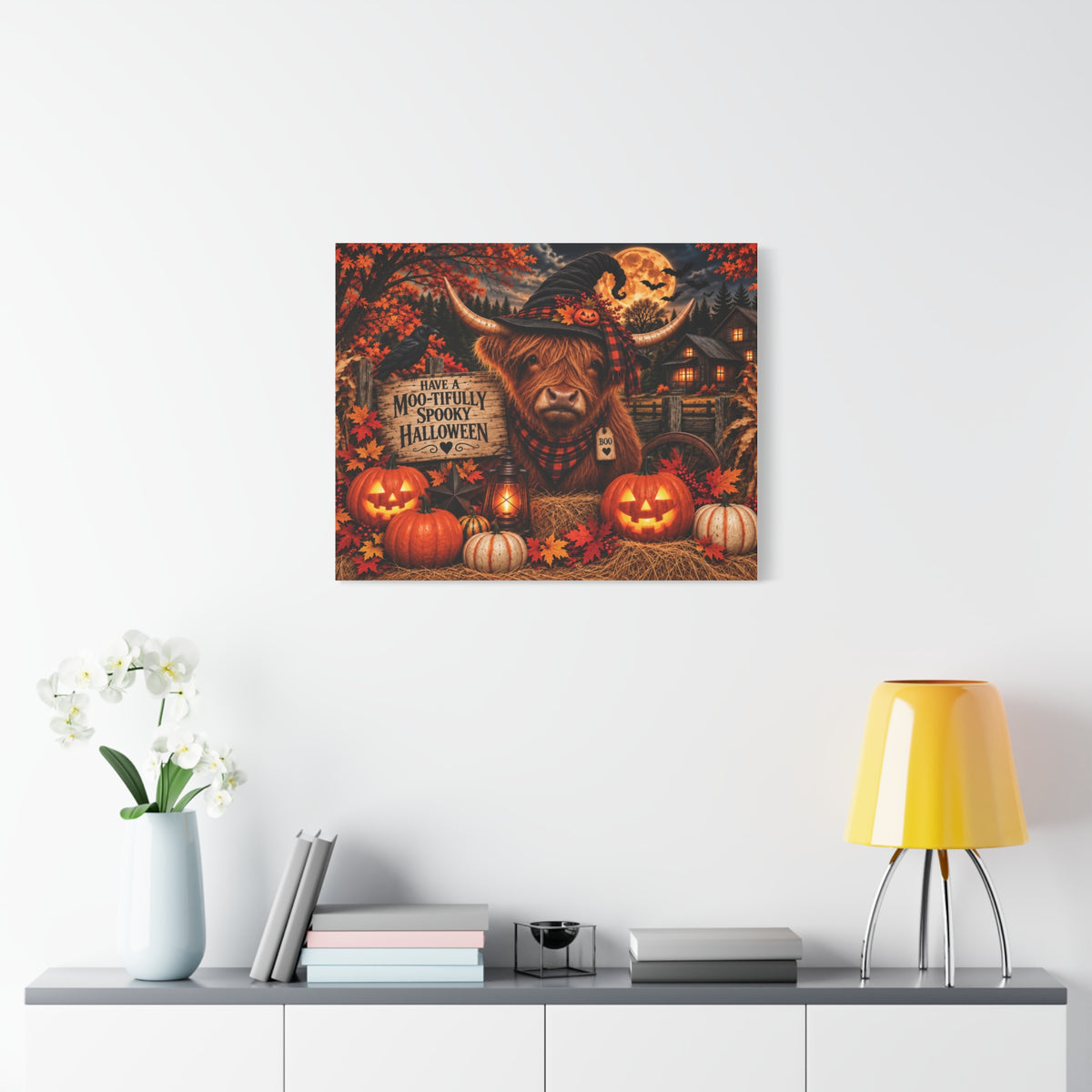 Halloween Highland Cow Canvas – "Have a Moo-tifully Spooky Halloween" Matte Stretched Wall Art