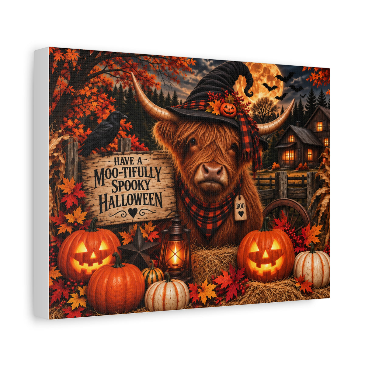 Halloween Highland Cow Canvas – "Have a Moo-tifully Spooky Halloween" Matte Stretched Wall Art
