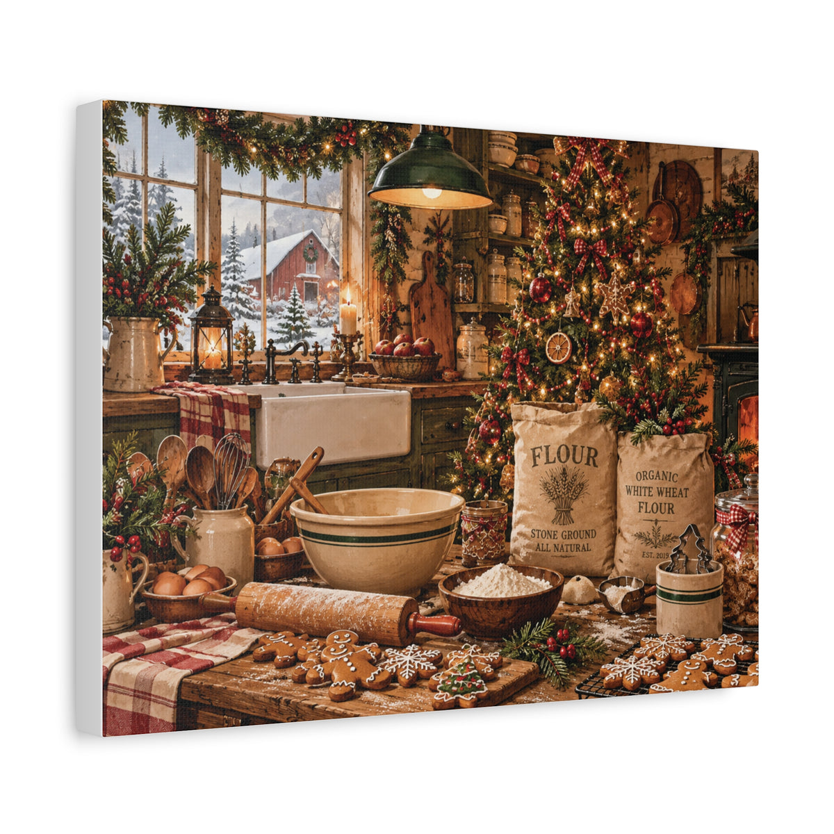 Christmas Kitchen Canvas Wall Art — Cozy Holiday Baking Scene, Rustic Farmhouse Holiday Decor