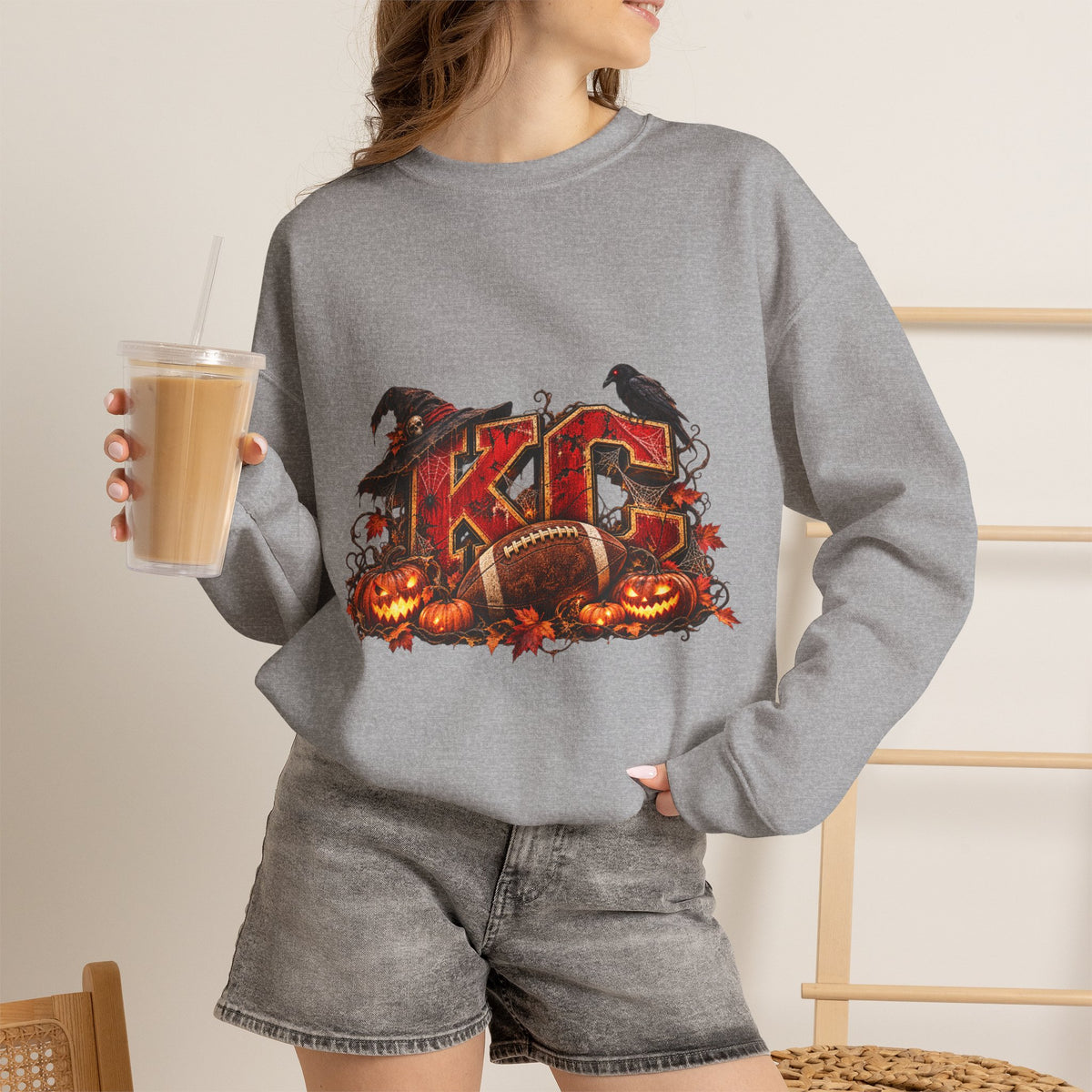 KC Halloween Crewneck Sweatshirt — Haunted Pumpkin Football Design-Flour and Foundry Meercantile Co.