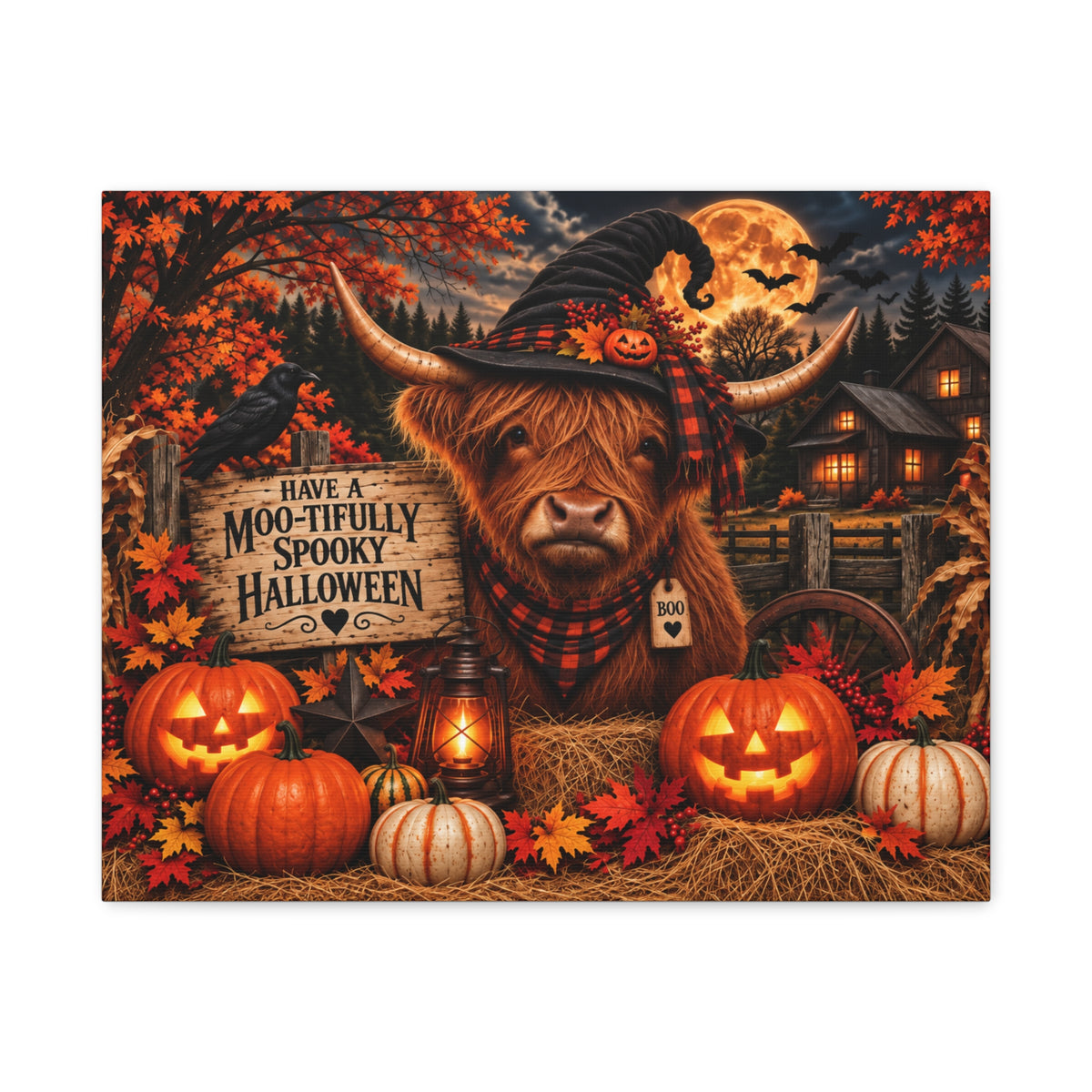 Halloween Highland Cow Canvas – "Have a Moo-tifully Spooky Halloween" Matte Stretched Wall Art