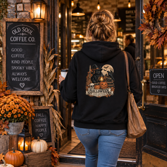 Vintage Halloween Black Cat Hoodie | Witchy Fall Graphic Sweatshirt | Flour & Foundry Mercantile Co.