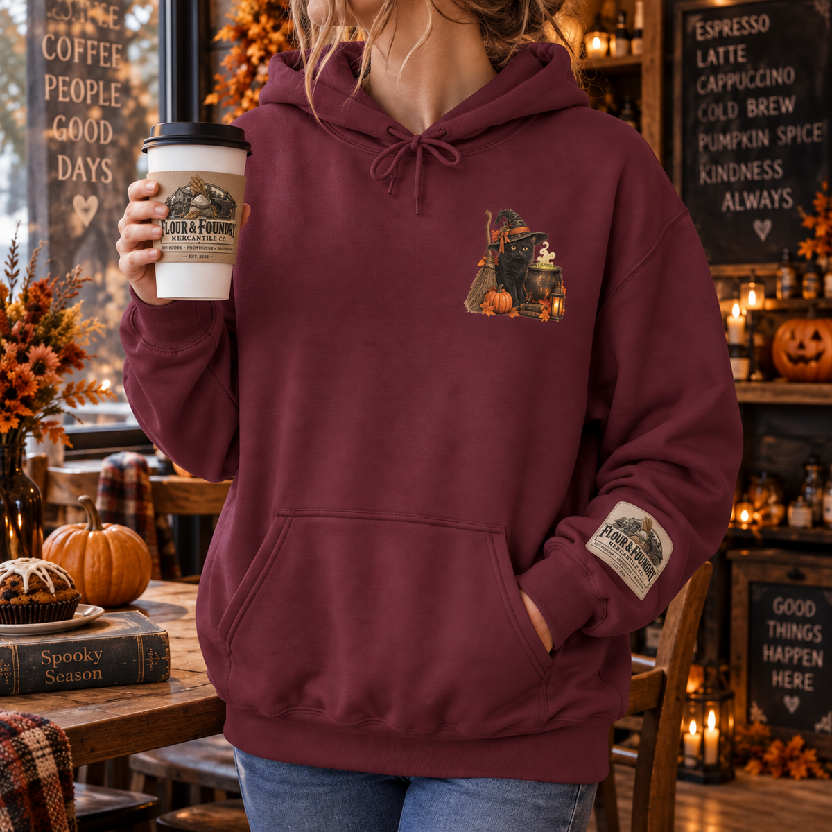 Vintage Halloween Black Cat Hoodie | Witchy Fall Graphic Sweatshirt | Flour & Foundry Mercantile Co.