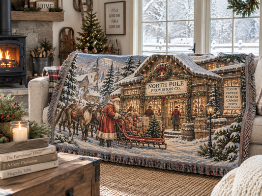 Victorian Christmas Village Woven Blanket | Holiday Cabin Tapestry Throw