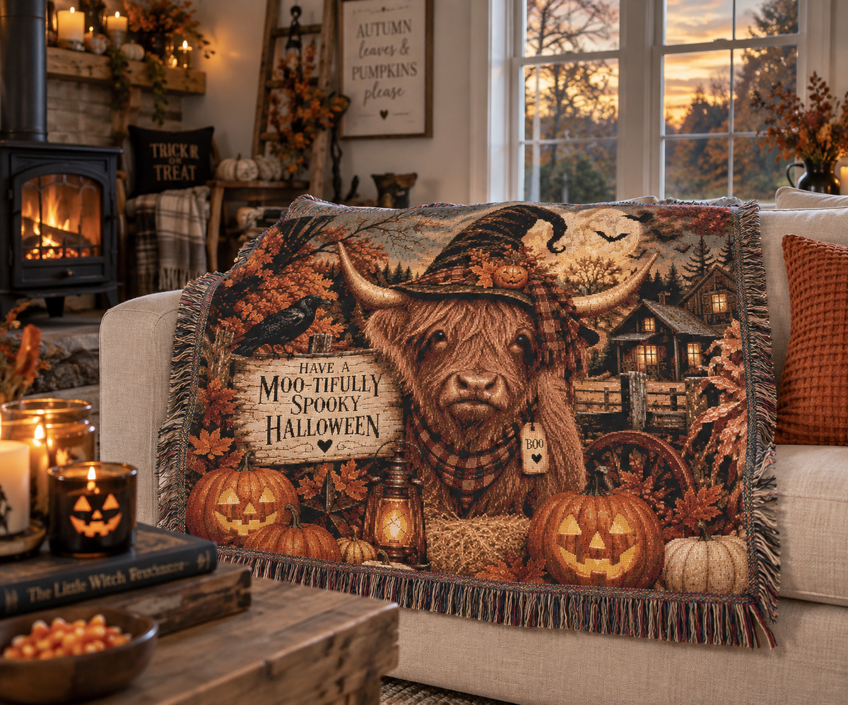 Highland Cow Witch Woven Blanket | Halloween Pumpkin Farm Throw