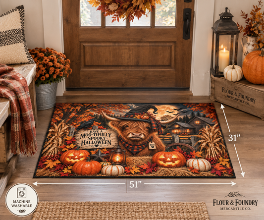 Halloween Highland Cow Washable Rug — "Have a Moo-tifully Spooky Halloween"