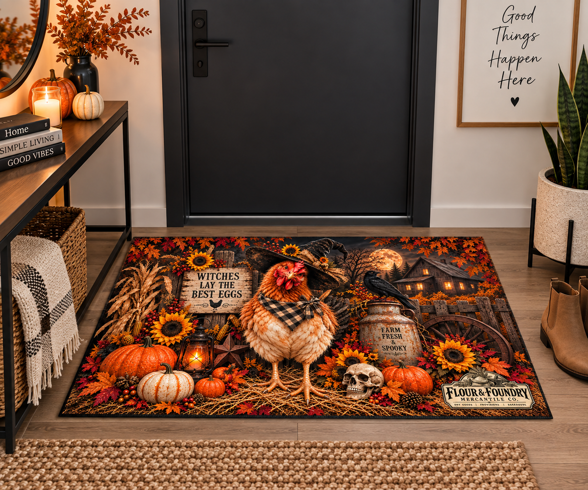 Halloween Chicken Doormat Rug — "Witches Lay the Best Eggs" Fall Farmhouse Washable Rug