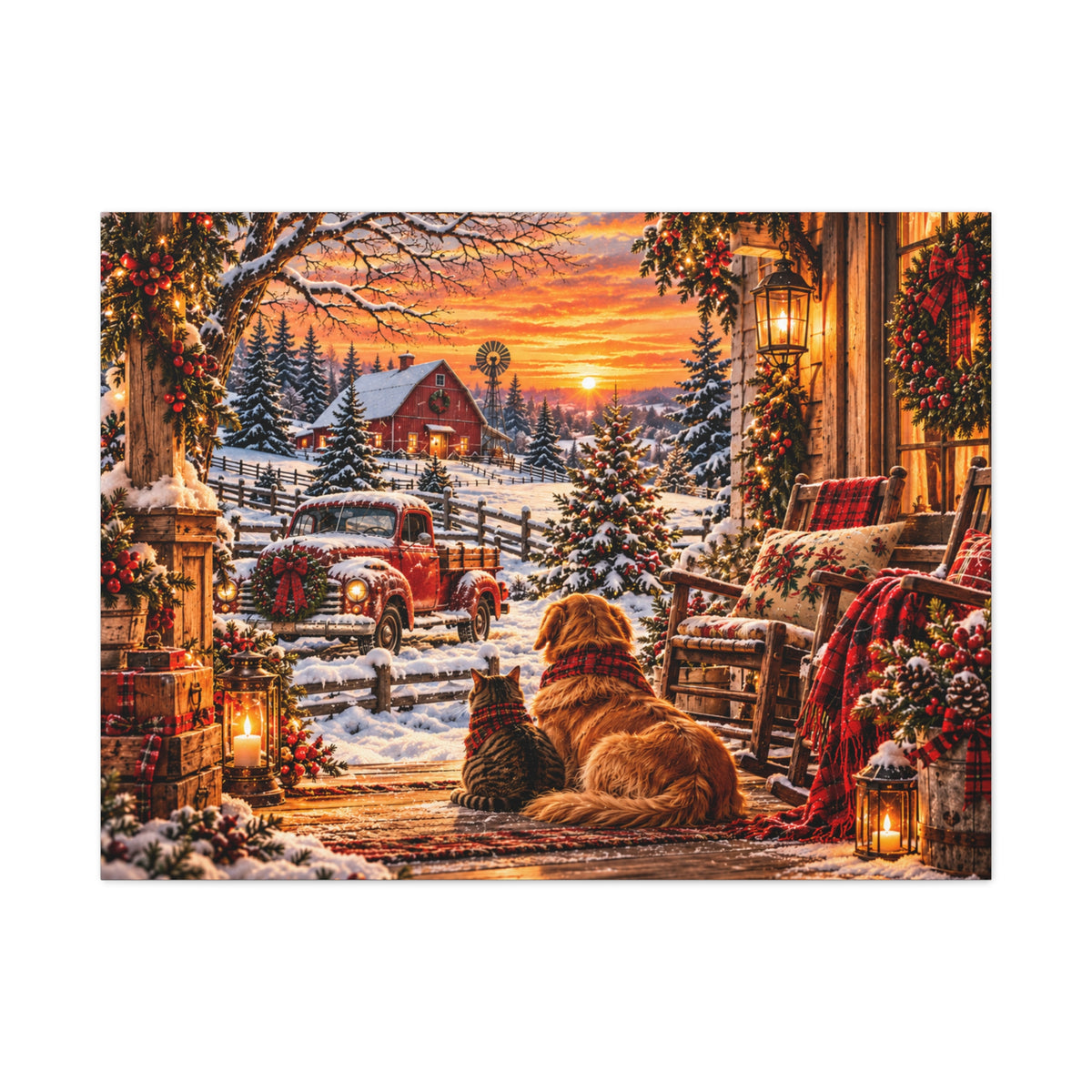 Snowy Winter Porch Scene with Dog & Cat-Christmas Farmhouse Canvas Print