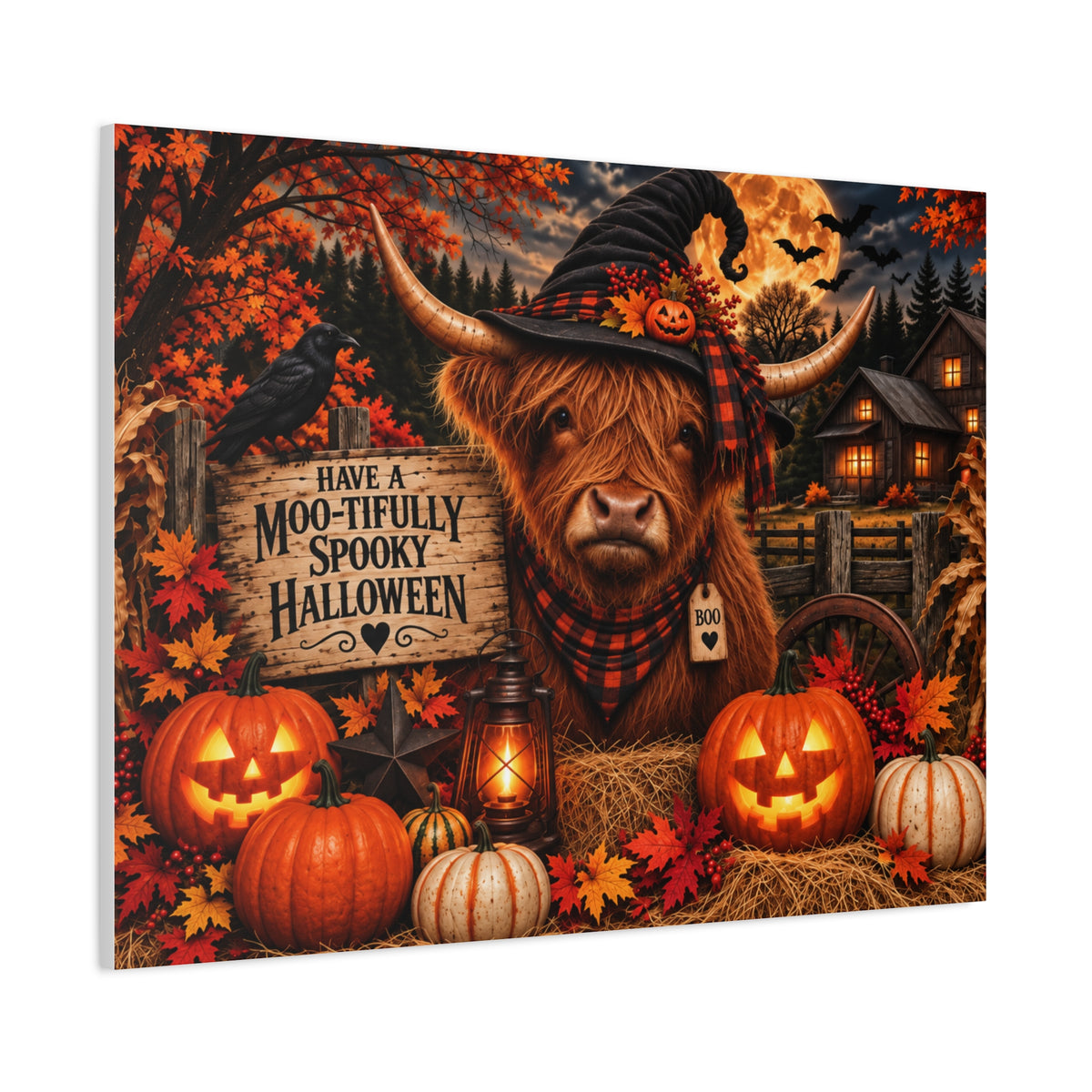 Halloween Highland Cow Canvas – "Have a Moo-tifully Spooky Halloween" Matte Stretched Wall Art