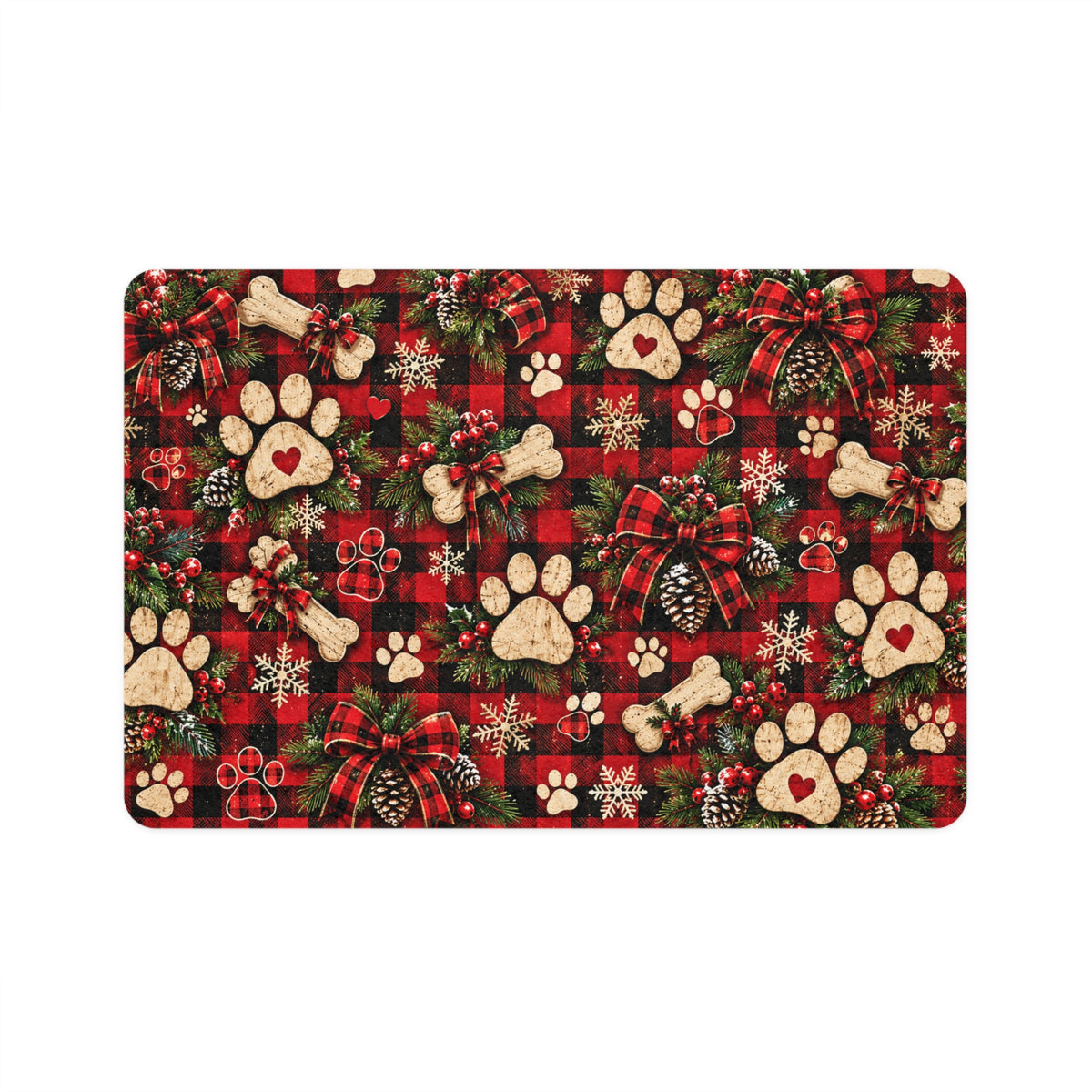 Christmas Plaid Pet Food Mat (12x18) — Dog Paw Prints & Bones Holiday Feeding Mat