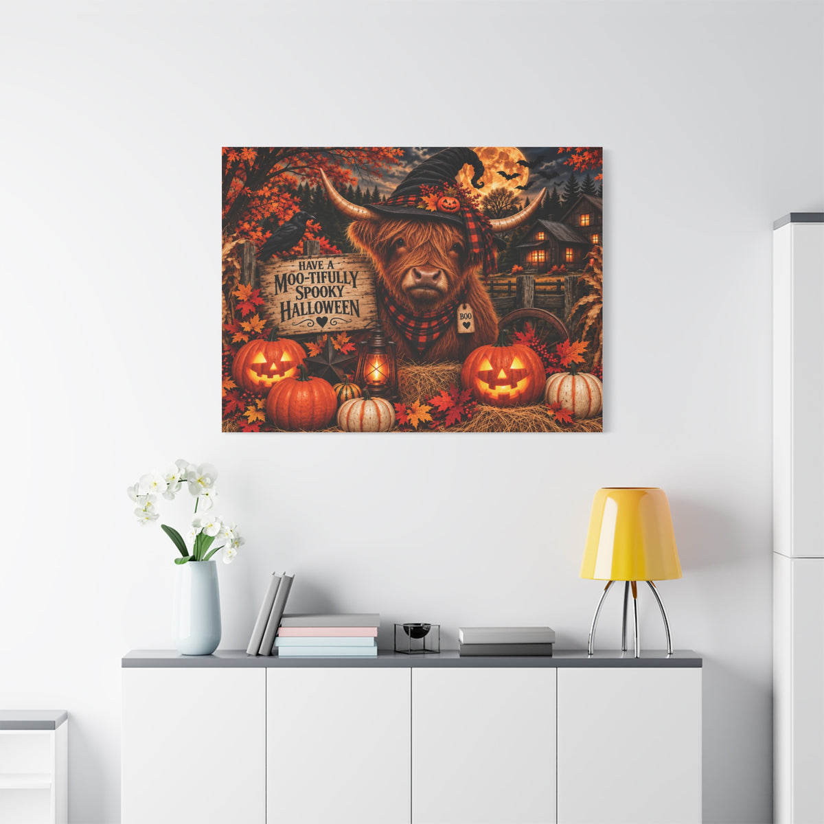 Halloween Highland Cow Canvas – "Have a Moo-tifully Spooky Halloween" Matte Stretched Wall Art