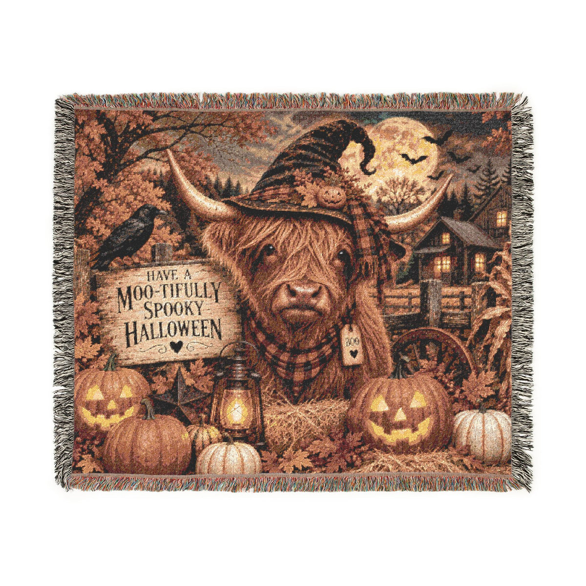 Highland Cow Witch Woven Blanket | Halloween Pumpkin Farm Throw