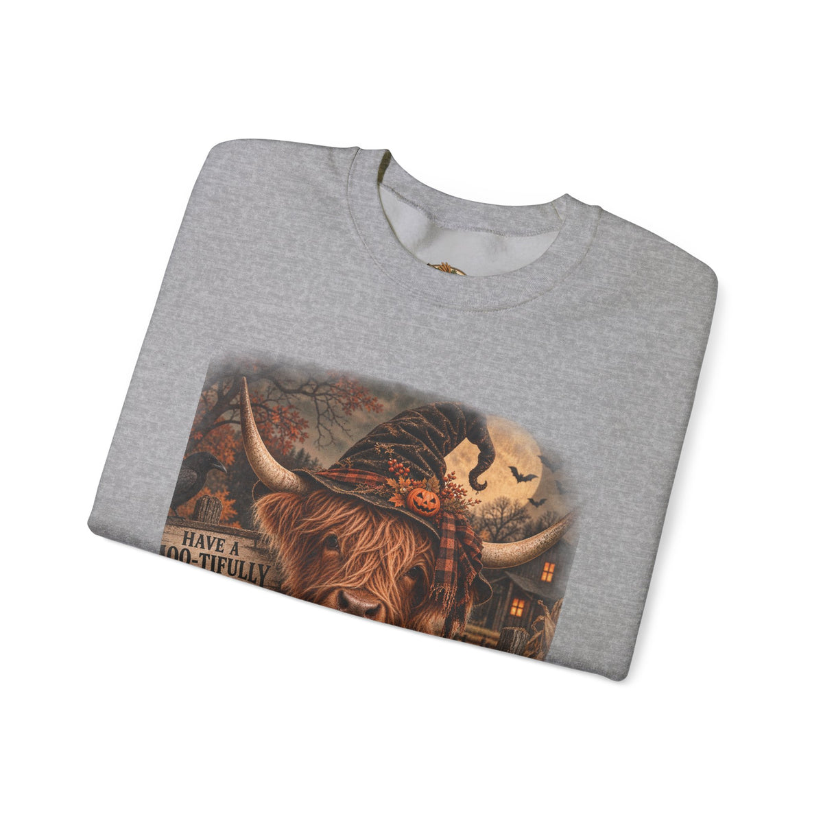 Halloween Highland Cow Sweatshirt – "Have a Moo-tifully Spooky Halloween" Crewneck-Flour and Foundry Mercantile Co.