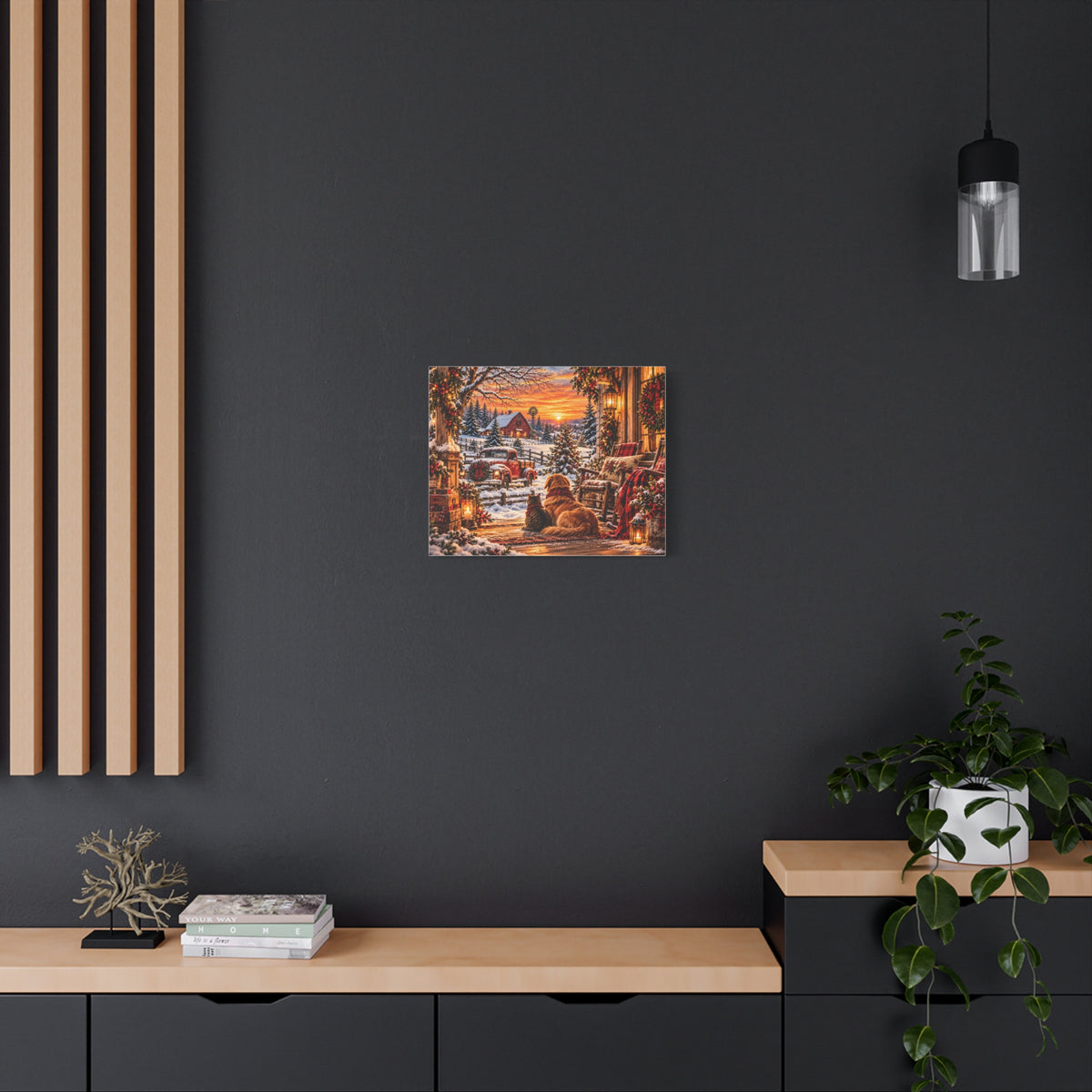 Snowy Winter Porch Scene with Dog & Cat-Christmas Farmhouse Canvas Print
