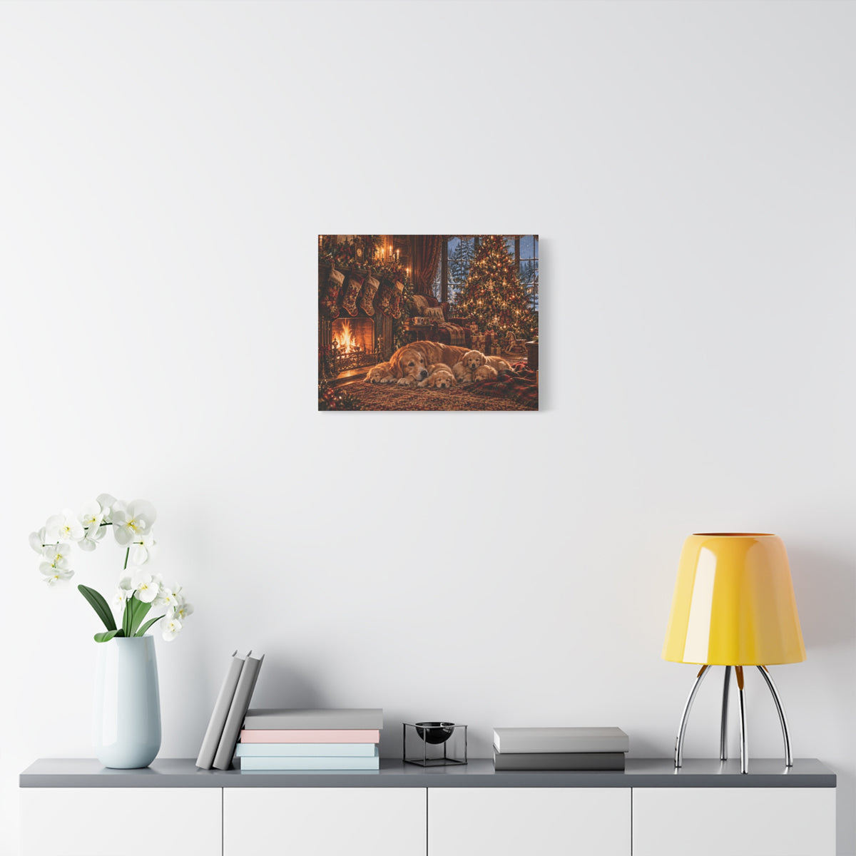 Cozy Christmas Dogs by the Fireplace Canvas Wall Art