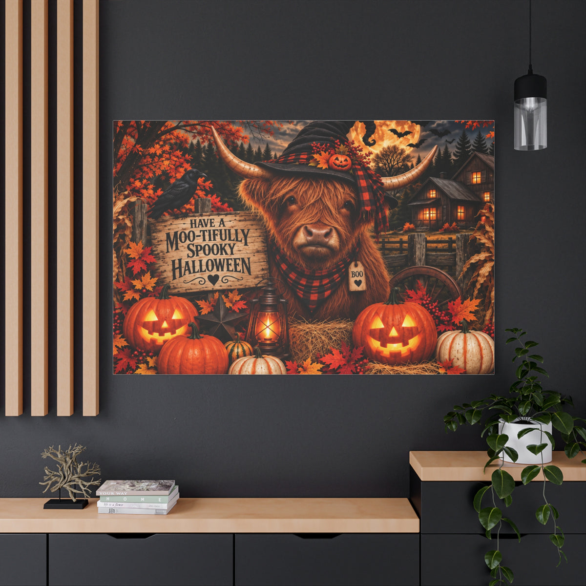 Halloween Highland Cow Canvas – "Have a Moo-tifully Spooky Halloween" Matte Stretched Wall Art