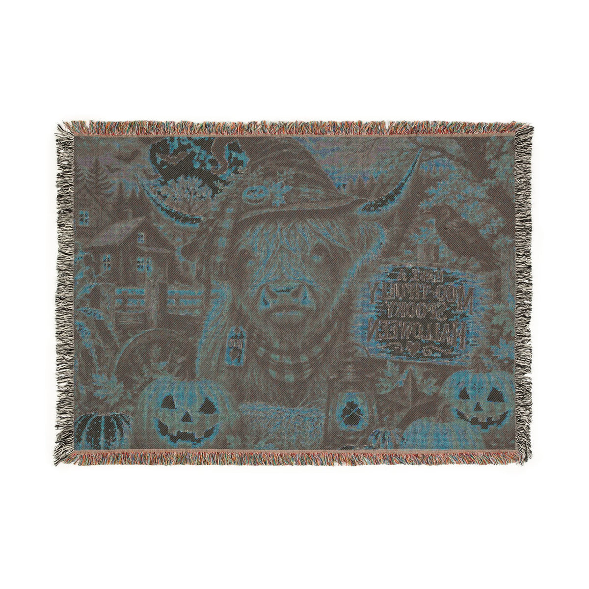 Highland Cow Witch Woven Blanket | Halloween Pumpkin Farm Throw