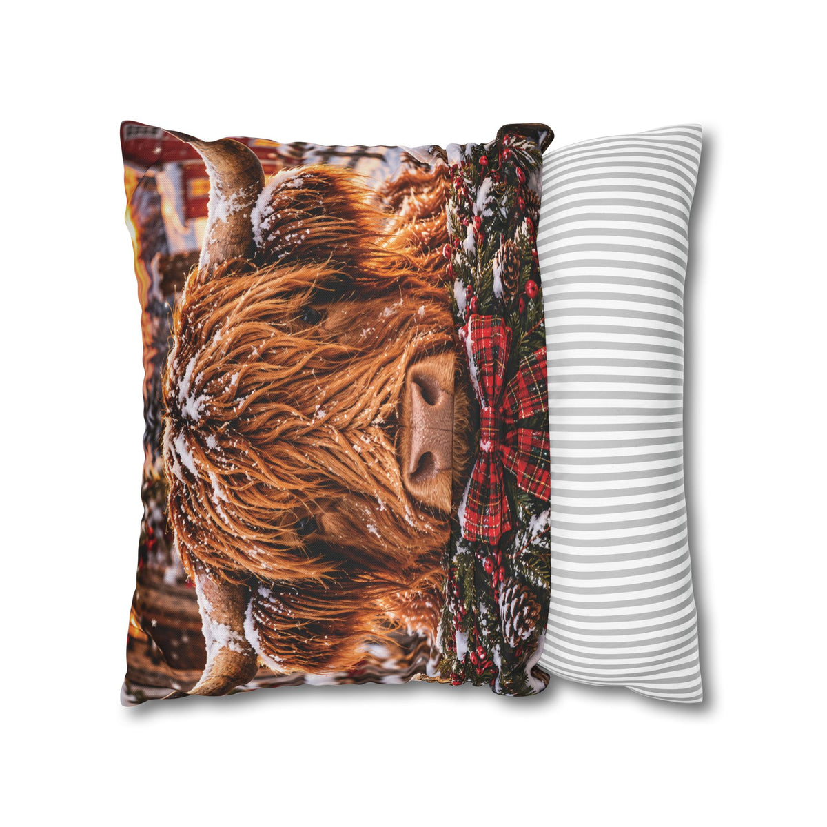 Christmas Barn and Cow Double Sided Pillowcase — Rustic Holiday Throw Pillow Cover