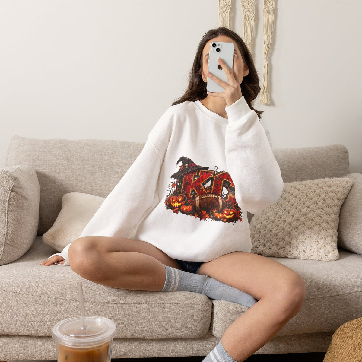 KC Halloween Crewneck Sweatshirt — Haunted Pumpkin Football Design-Flour and Foundry Meercantile Co.