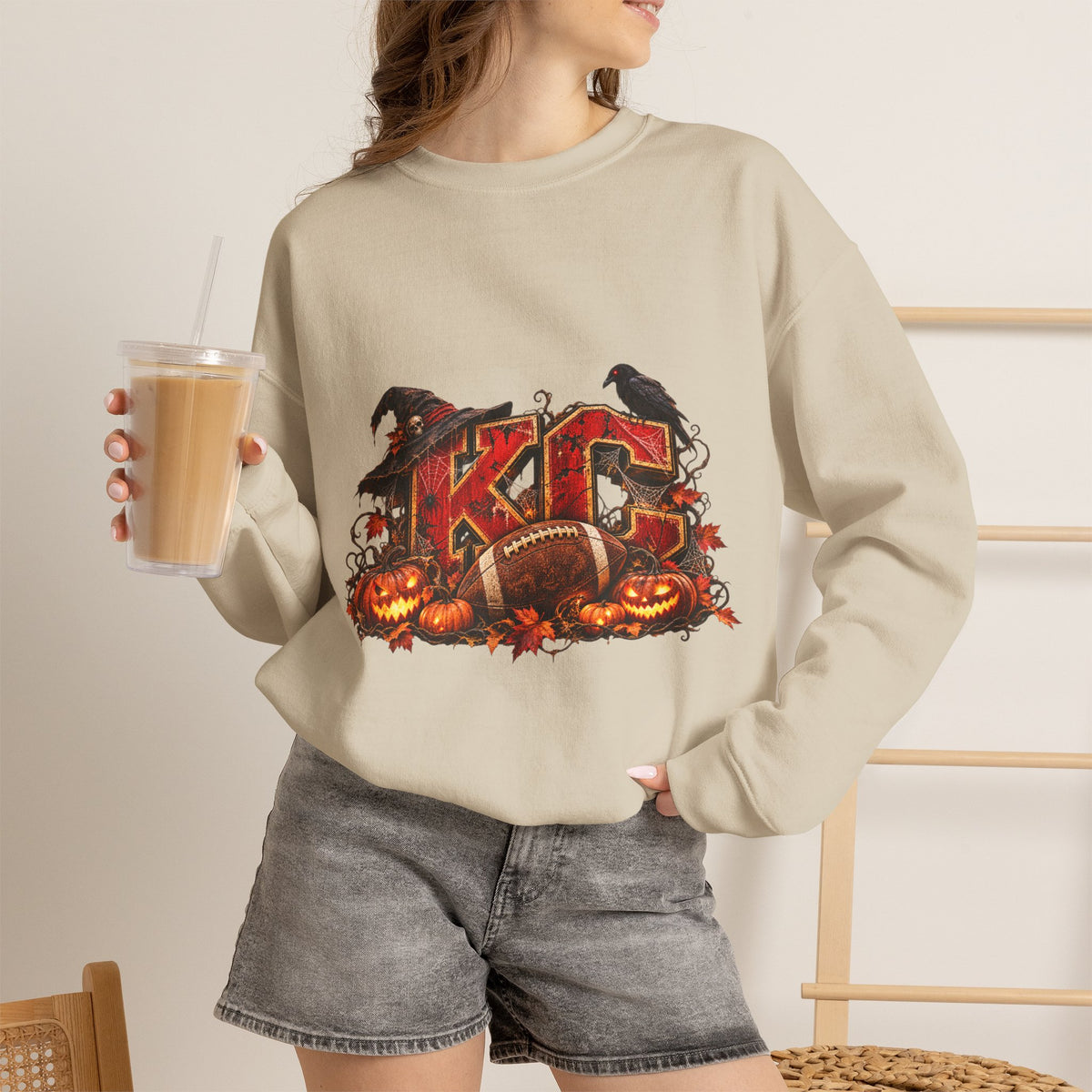 KC Halloween Crewneck Sweatshirt — Haunted Pumpkin Football Design-Flour and Foundry Meercantile Co.