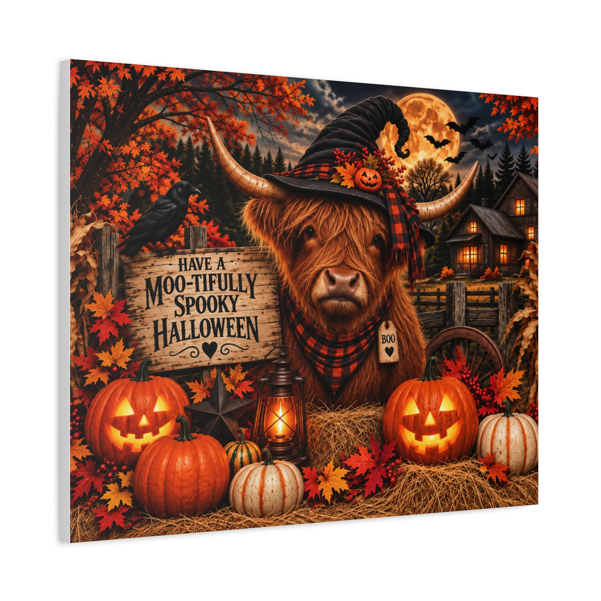 Halloween Highland Cow Canvas – "Have a Moo-tifully Spooky Halloween" Matte Stretched Wall Art
