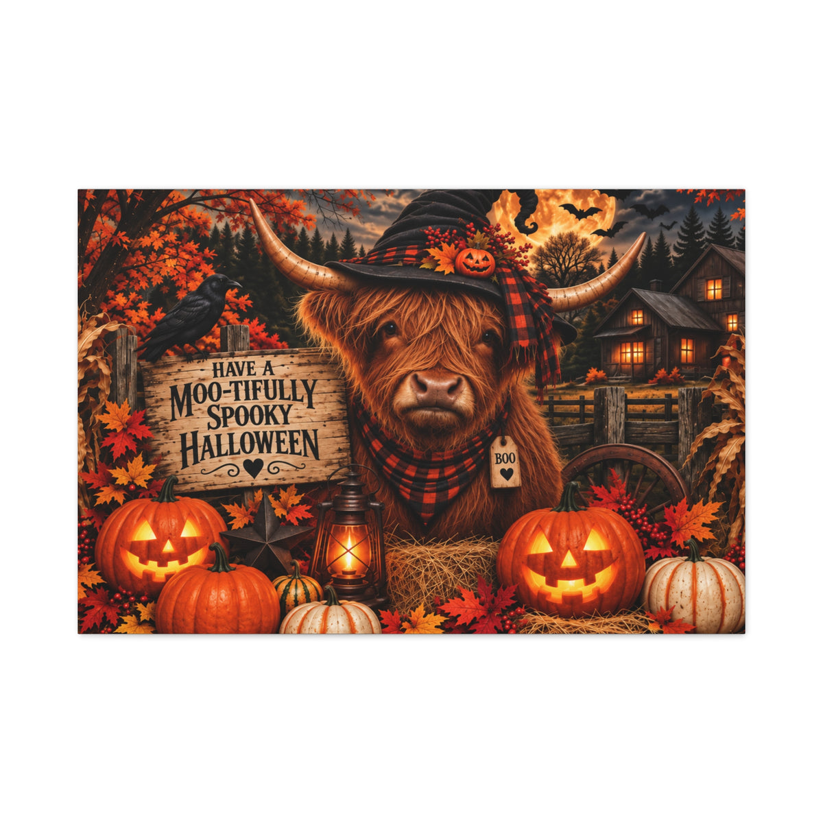 Halloween Highland Cow Canvas – "Have a Moo-tifully Spooky Halloween" Matte Stretched Wall Art