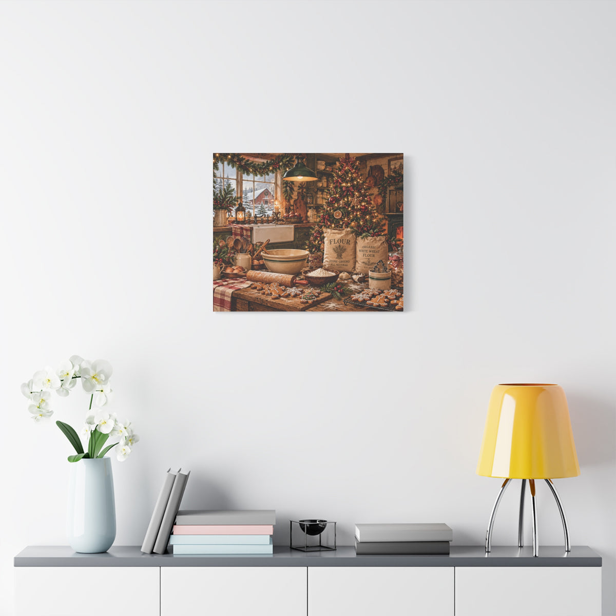 Christmas Kitchen Canvas Wall Art — Cozy Holiday Baking Scene, Rustic Farmhouse Holiday Decor