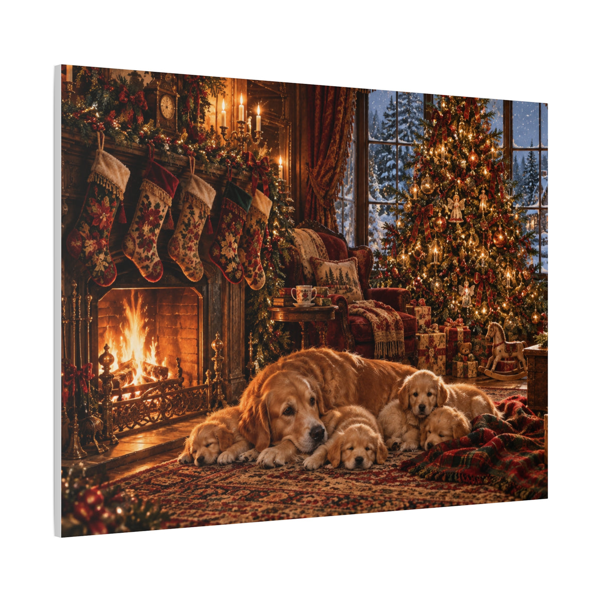 Cozy Christmas Dogs by the Fireplace Canvas Wall Art
