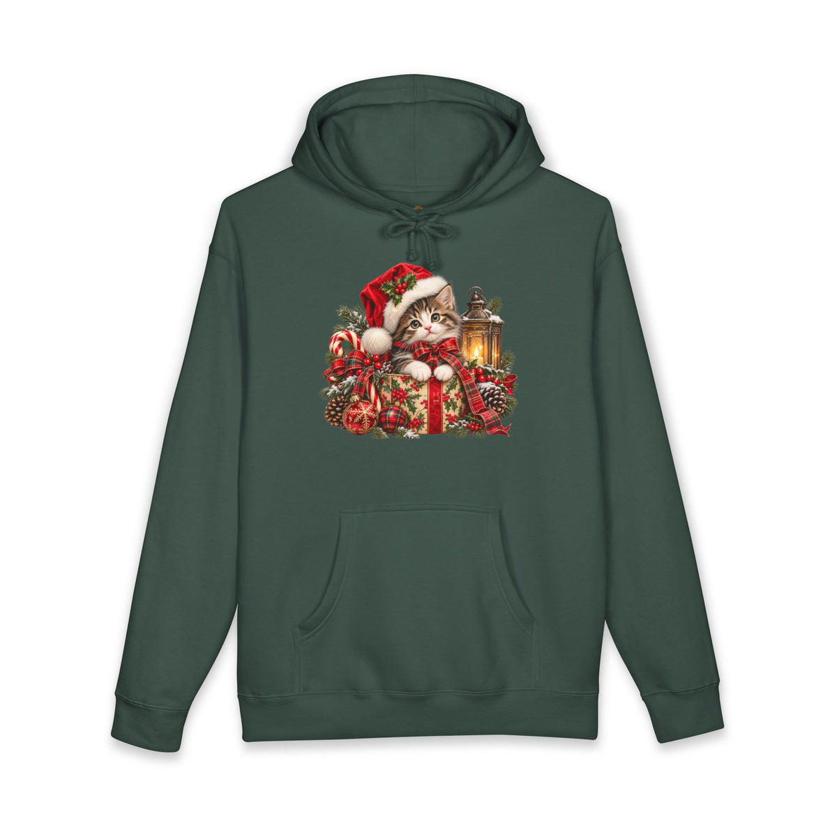 Christmas Cat Hoodie – Cute Kitten in Santa Hat with Lantern Holiday Sweatshirt