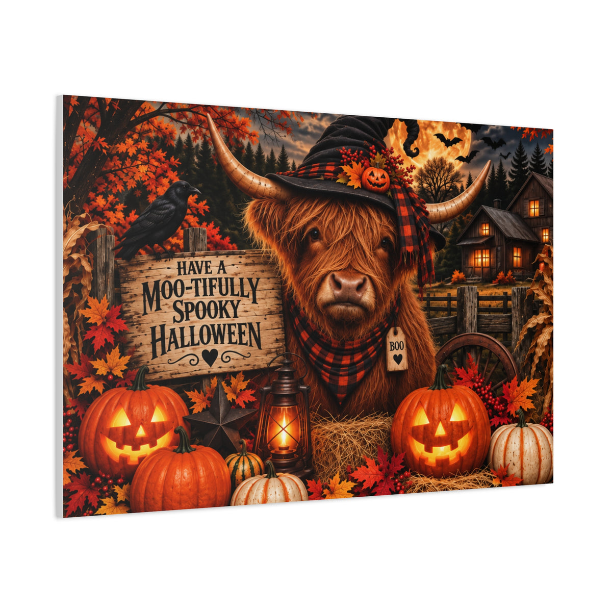 Halloween Highland Cow Canvas – "Have a Moo-tifully Spooky Halloween" Matte Stretched Wall Art