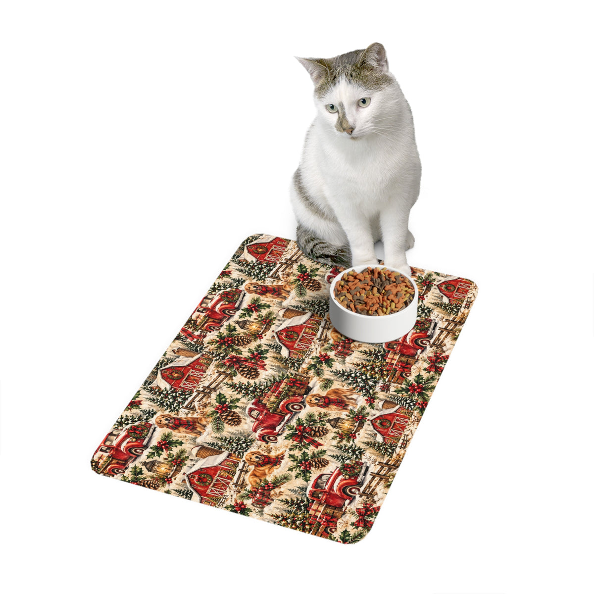 Christmas Dog Farmhouse Pet Food Mat (12x18) — Vintage Red Truck & Golden Retriever Holiday Placemat