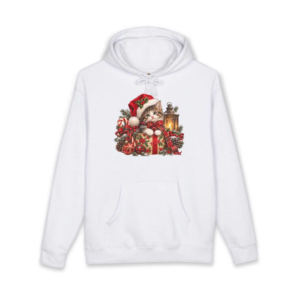 Christmas Cat Hoodie – Cute Kitten in Santa Hat with Lantern Holiday Sweatshirt