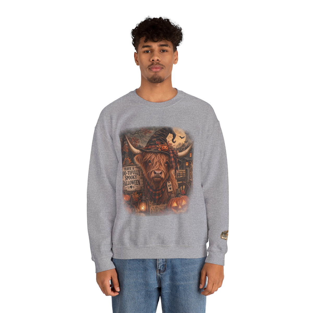 Halloween Highland Cow Sweatshirt – "Have a Moo-tifully Spooky Halloween" Crewneck-Flour and Foundry Mercantile Co.