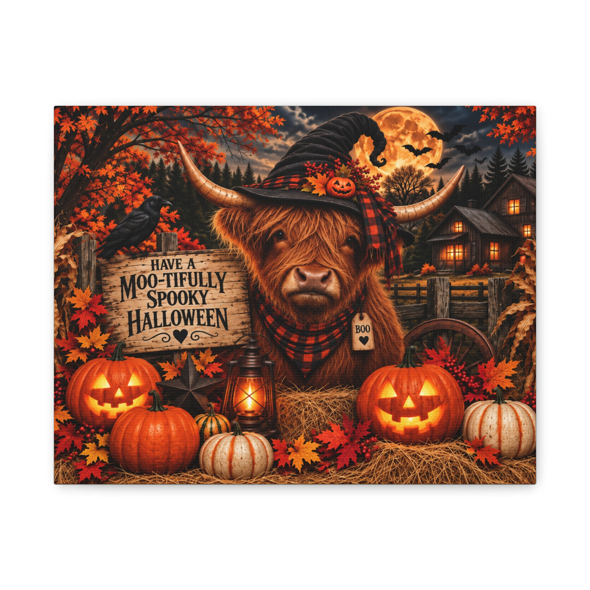 Halloween Highland Cow Canvas – "Have a Moo-tifully Spooky Halloween" Matte Stretched Wall Art