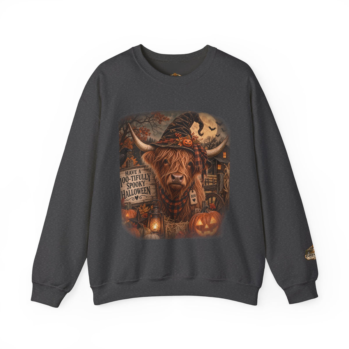 Halloween Highland Cow Sweatshirt – "Have a Moo-tifully Spooky Halloween" Crewneck-Flour and Foundry Mercantile Co.