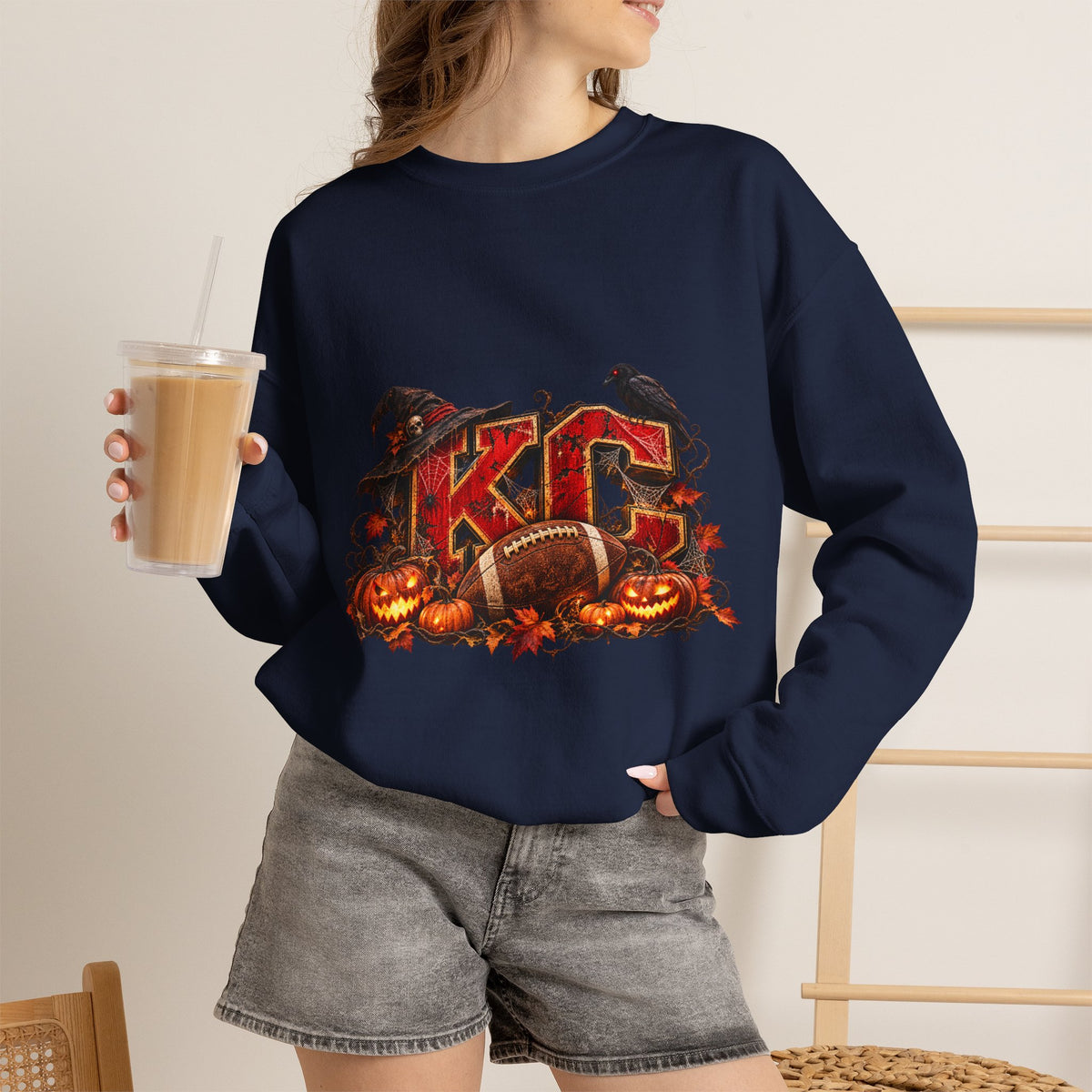 KC Halloween Crewneck Sweatshirt — Haunted Pumpkin Football Design-Flour and Foundry Meercantile Co.