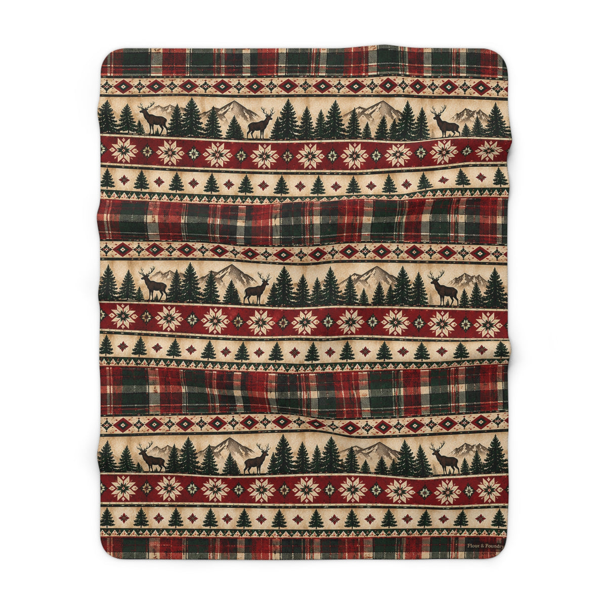 Plaid, Deer & Pine Holiday Fleece Throw-Rustic Lodge Sherpa Blanket
