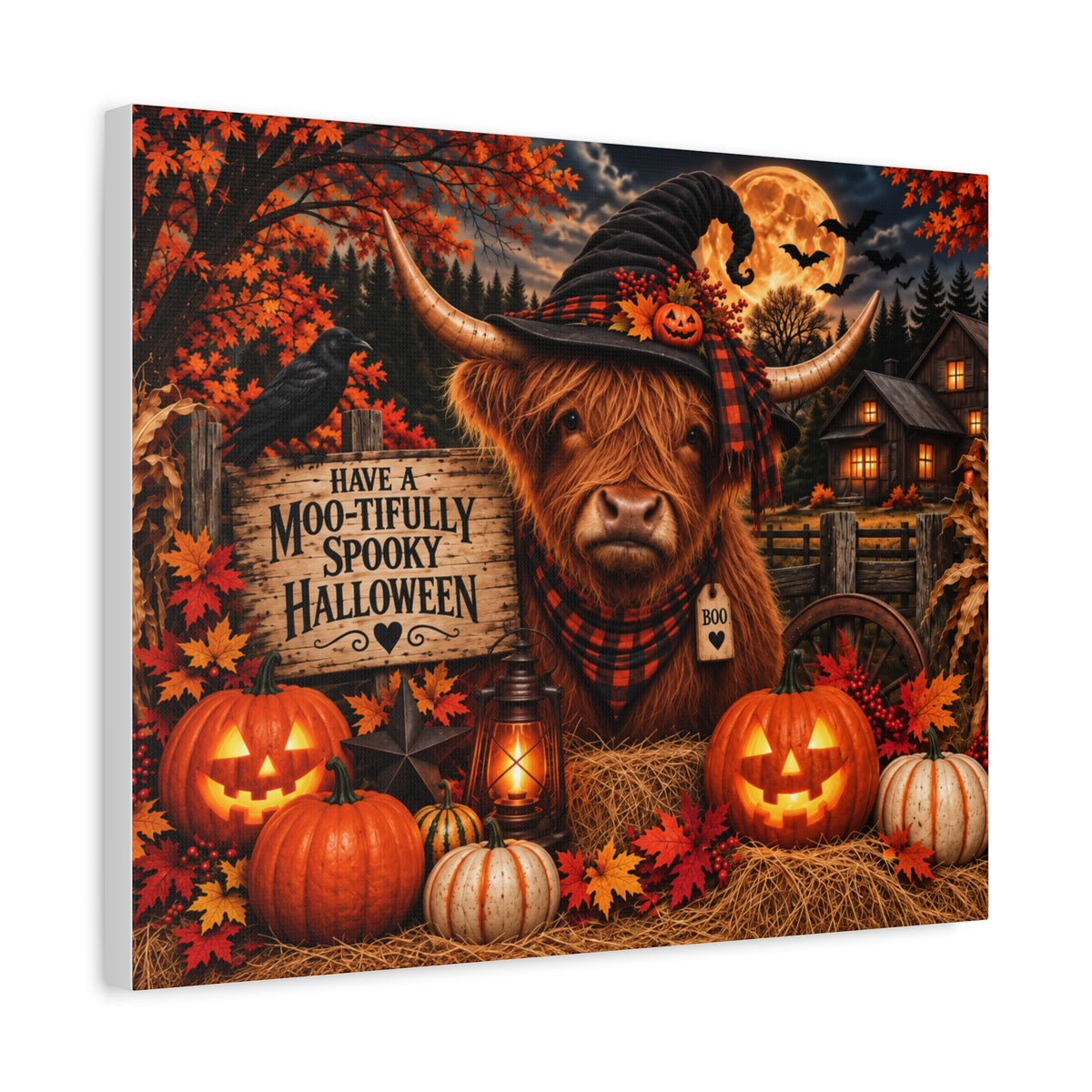 Halloween Highland Cow Canvas – "Have a Moo-tifully Spooky Halloween" Matte Stretched Wall Art