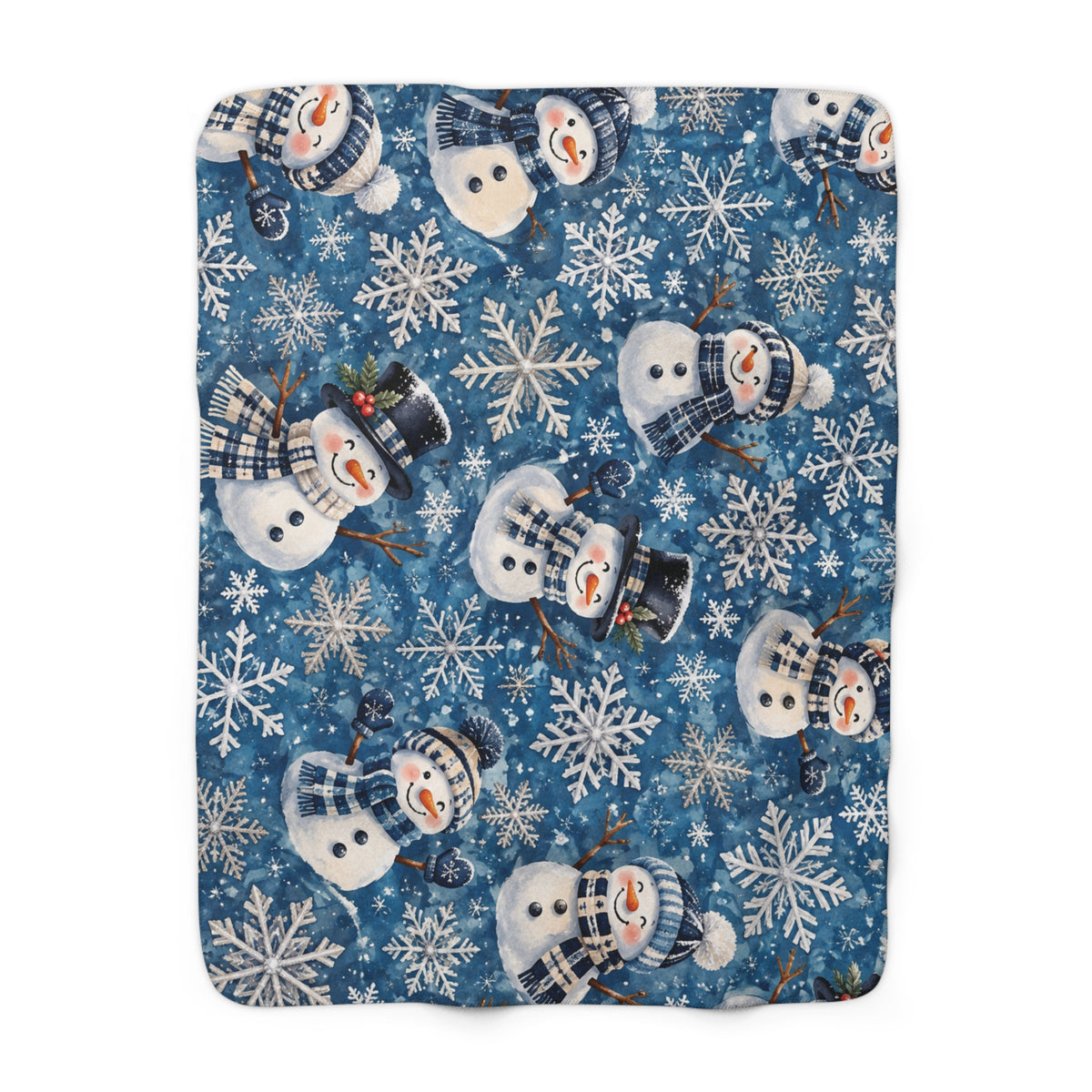 Snowman Sherpa Blanket — Cozy Blue Snowflake Fleece Throw for Winter & Holidays