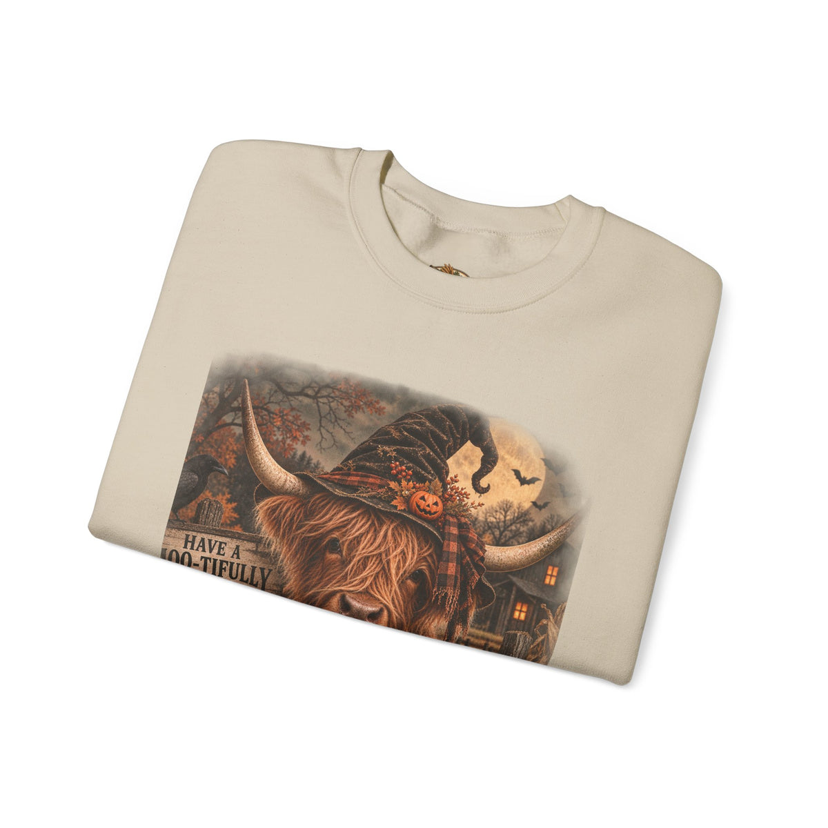 Halloween Highland Cow Sweatshirt – "Have a Moo-tifully Spooky Halloween" Crewneck-Flour and Foundry Mercantile Co.