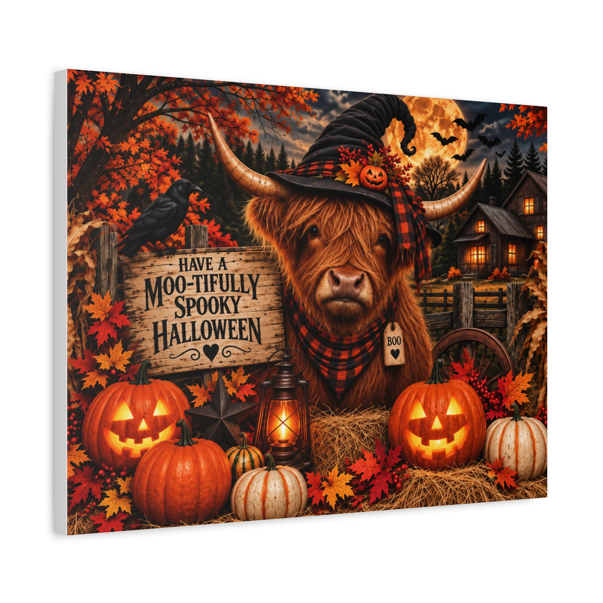 Halloween Highland Cow Canvas – "Have a Moo-tifully Spooky Halloween" Matte Stretched Wall Art