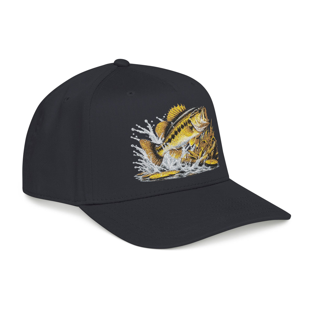 Fishing Bass Cap — Embroidered Jumping Bass Mid-Profile Baseball Hat