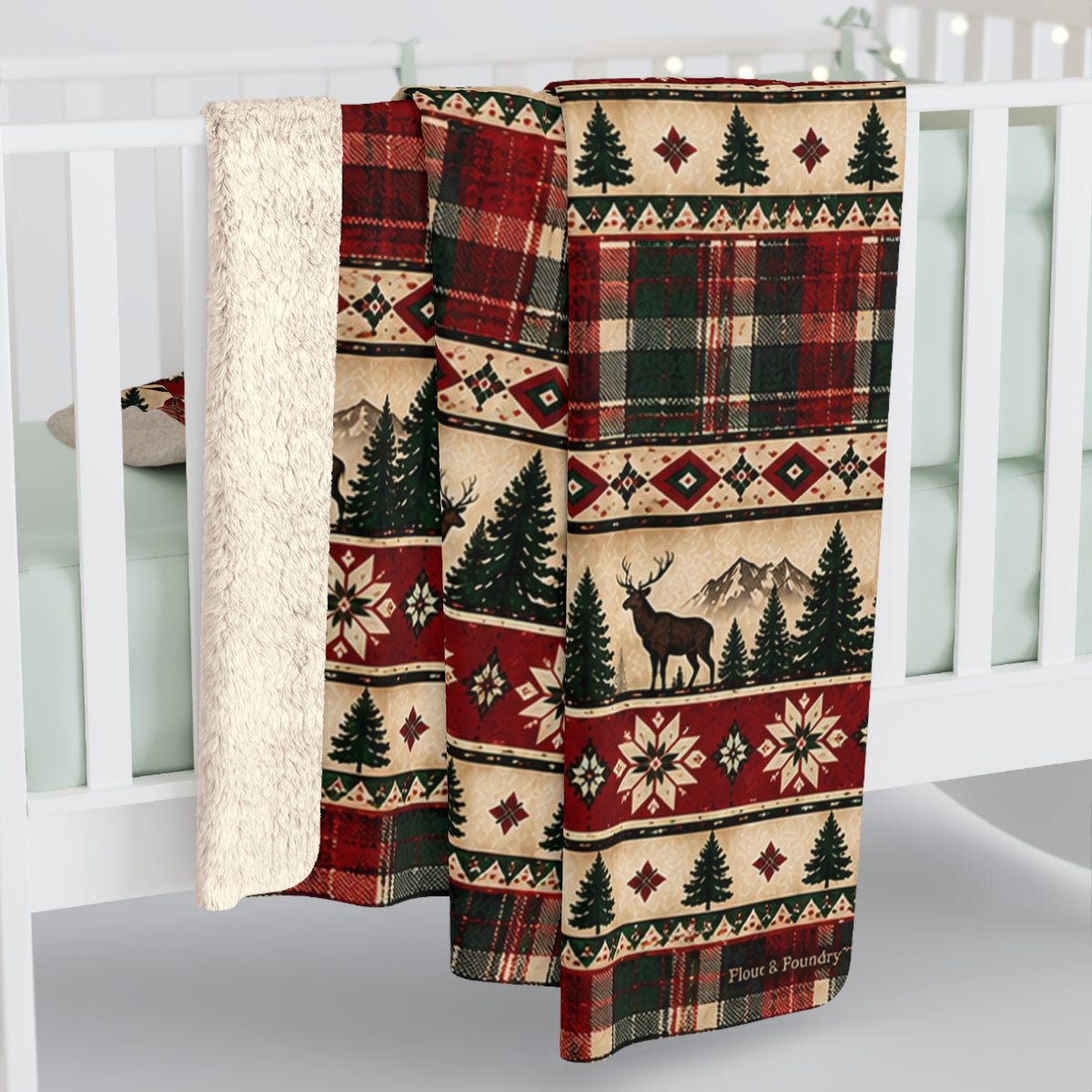 Plaid, Deer & Pine Holiday Fleece Throw-Rustic Lodge Sherpa Blanket