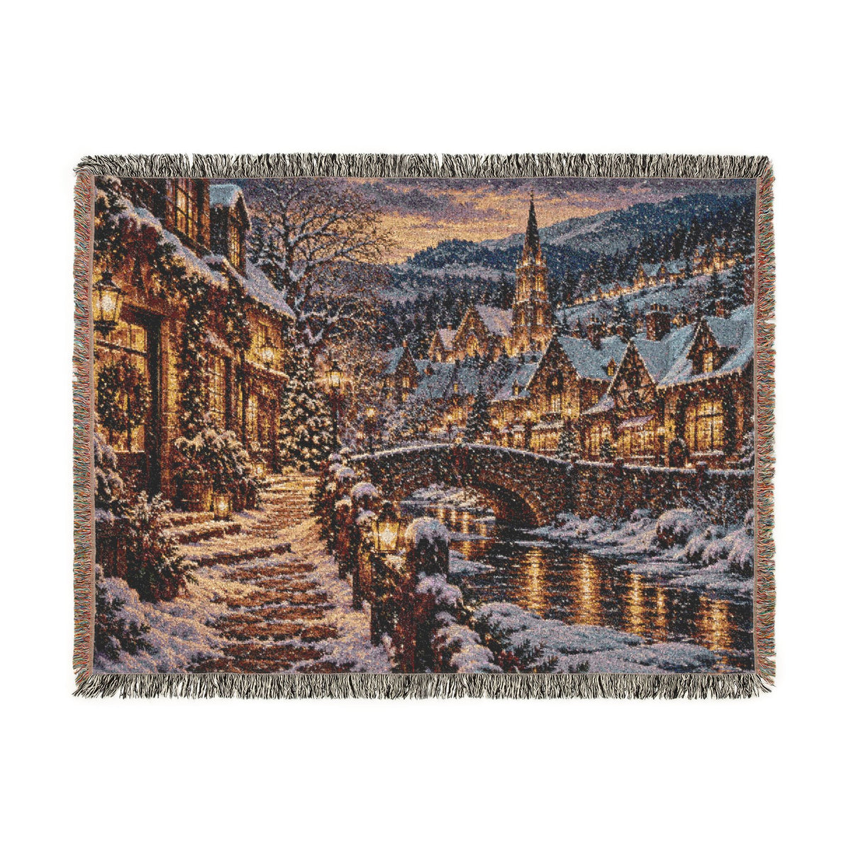 Snowy Alpine Village at Night Woven Blanket