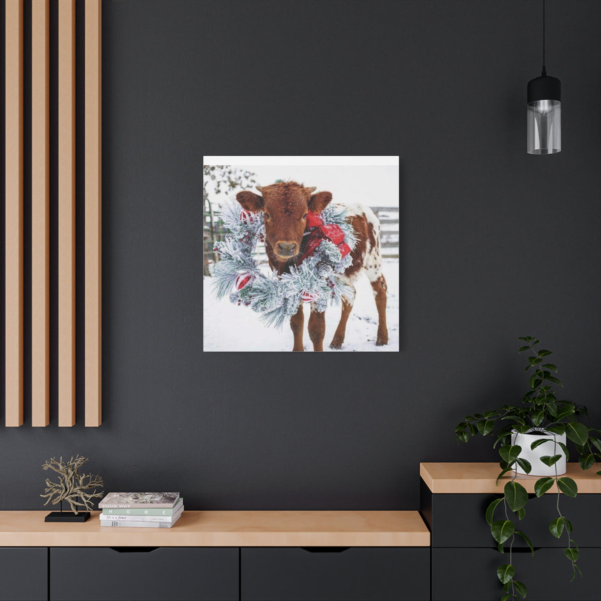 Holiday Calf Canvas Print — Festive Cow with Wreath Wall Art