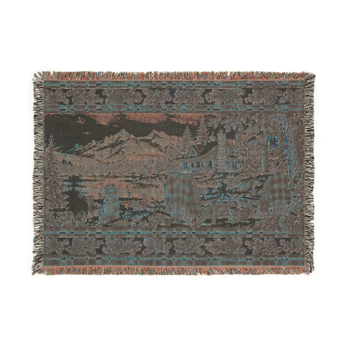 Rustic Mountain Lodge Woven Blanket – Winter Cabin, Golden Retriever and Lake Throw