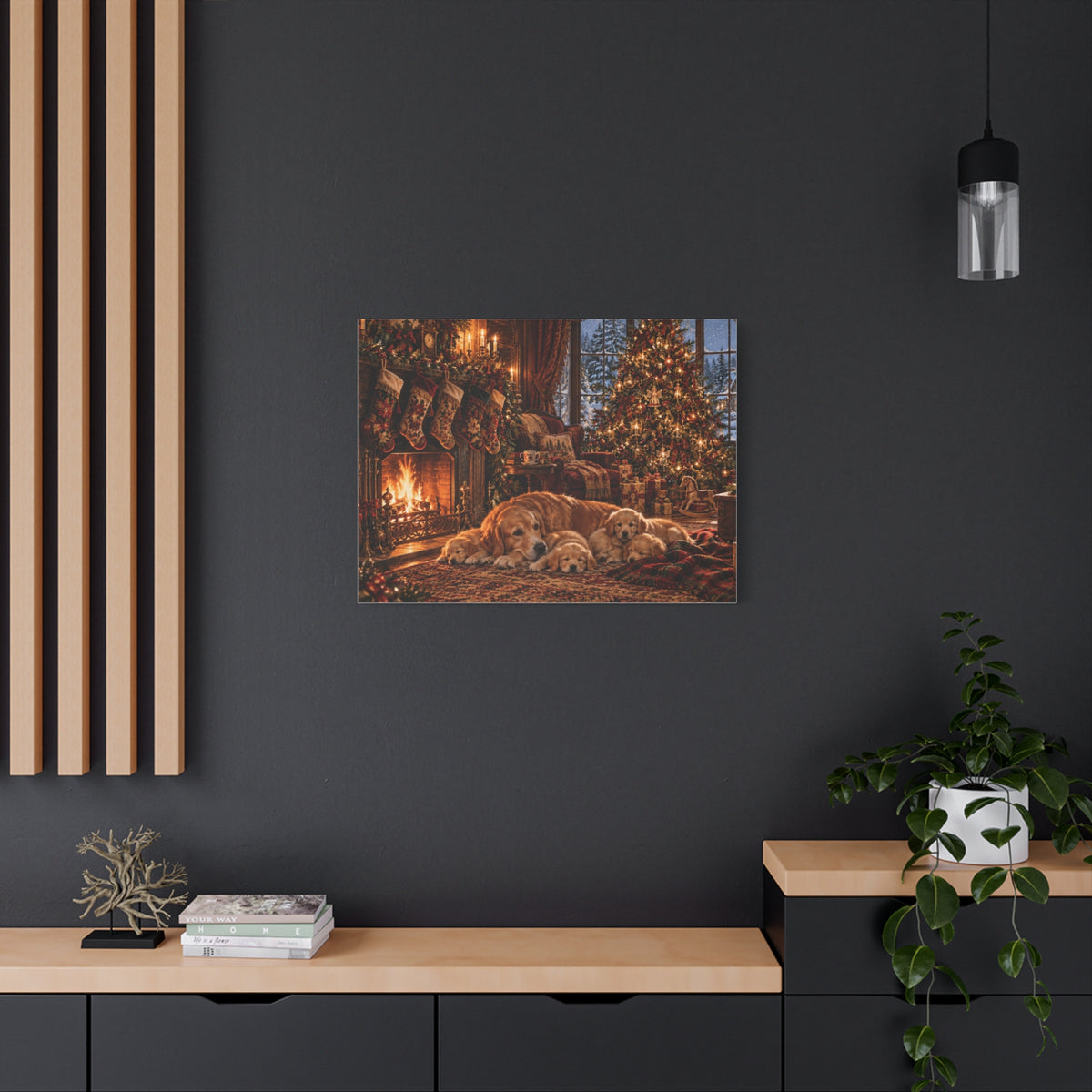 Cozy Christmas Dogs by the Fireplace Canvas Wall Art