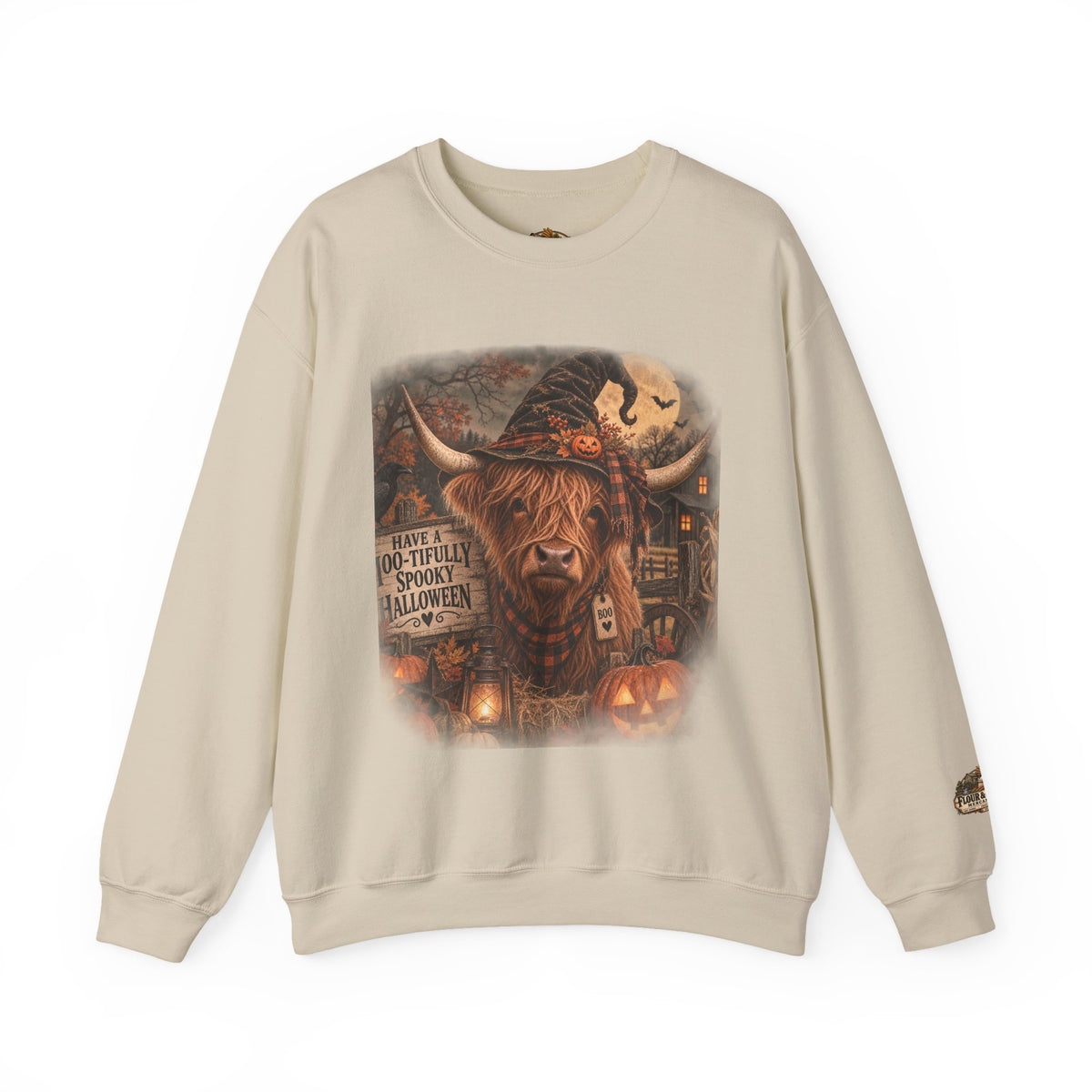 Halloween Highland Cow Sweatshirt – "Have a Moo-tifully Spooky Halloween" Crewneck-Flour and Foundry Mercantile Co.